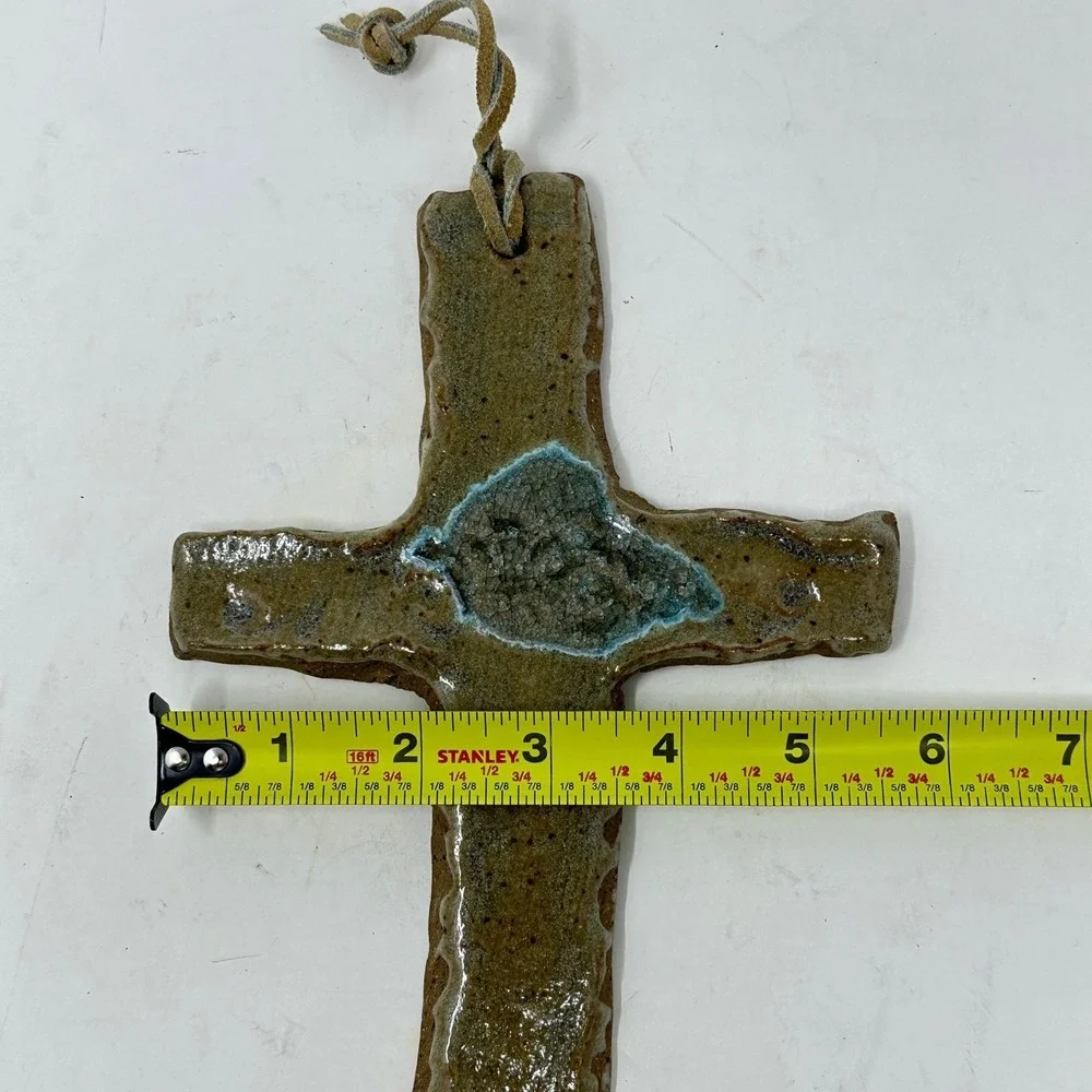 Artisan Studio Pottery Ceramic Wall Cross Melted Glass Geode Center Brown Teal